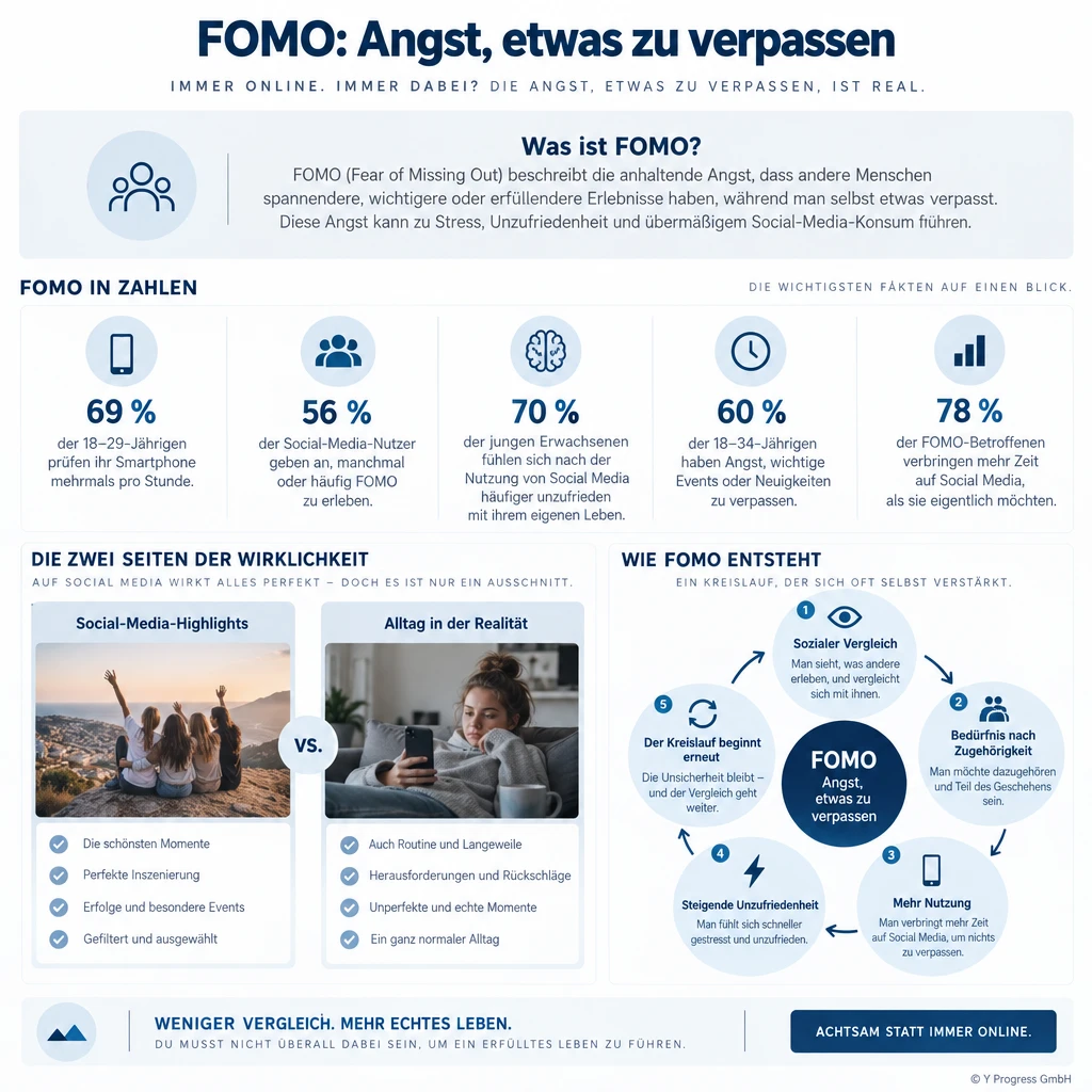 Infografik: FOMO – Ursachen, Zahlen und praktische Strategien gegen Social‑Media‑Angst vor dem Verpassen.