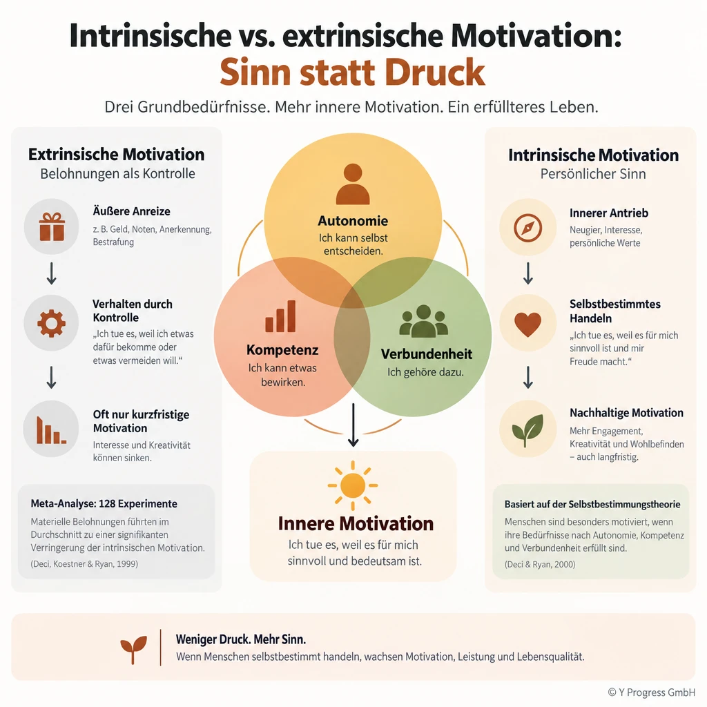 Infografik zu intrinsischer vs. extrinsischer Motivation: Autonomie, Kompetenz und Verbundenheit fördern Sinn statt Druck.