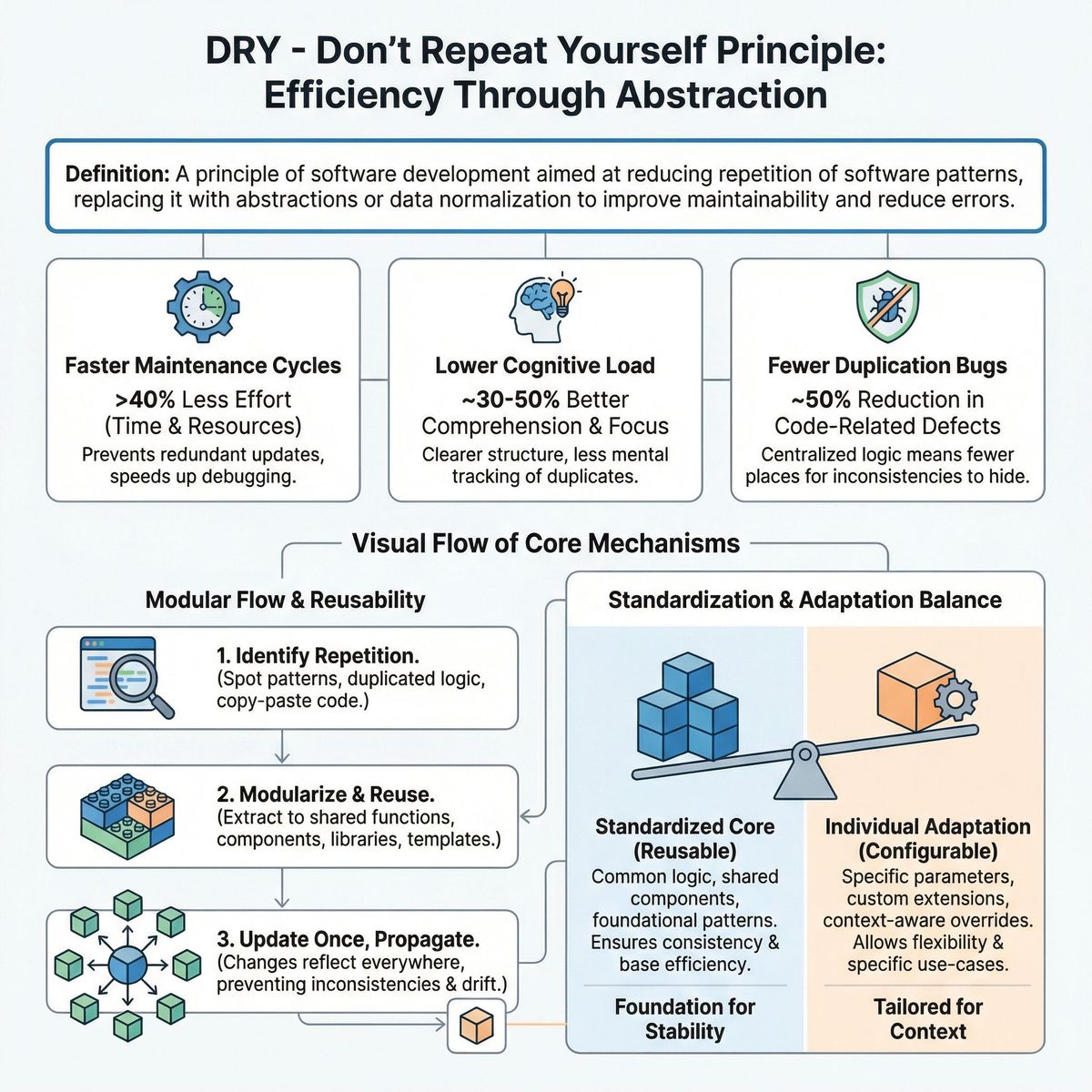 Create a professional infographic that visually represents the DRY - Don't Repeat Yourself principle