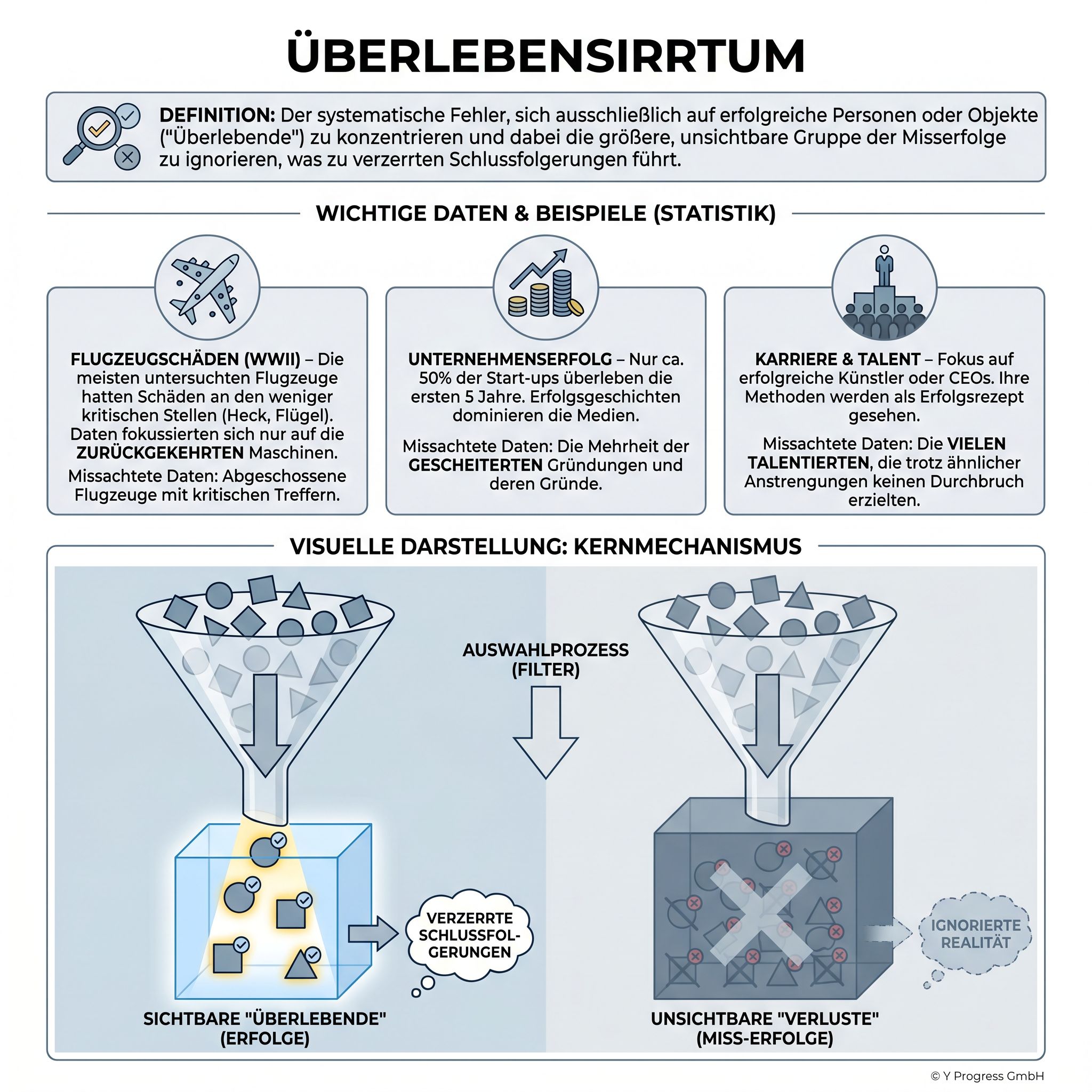 Infografik zum Überlebensirrtum zeigt sichtbare Erfolge vs. unsichtbare Misserfolge zur realistischen Entscheidungsfindung