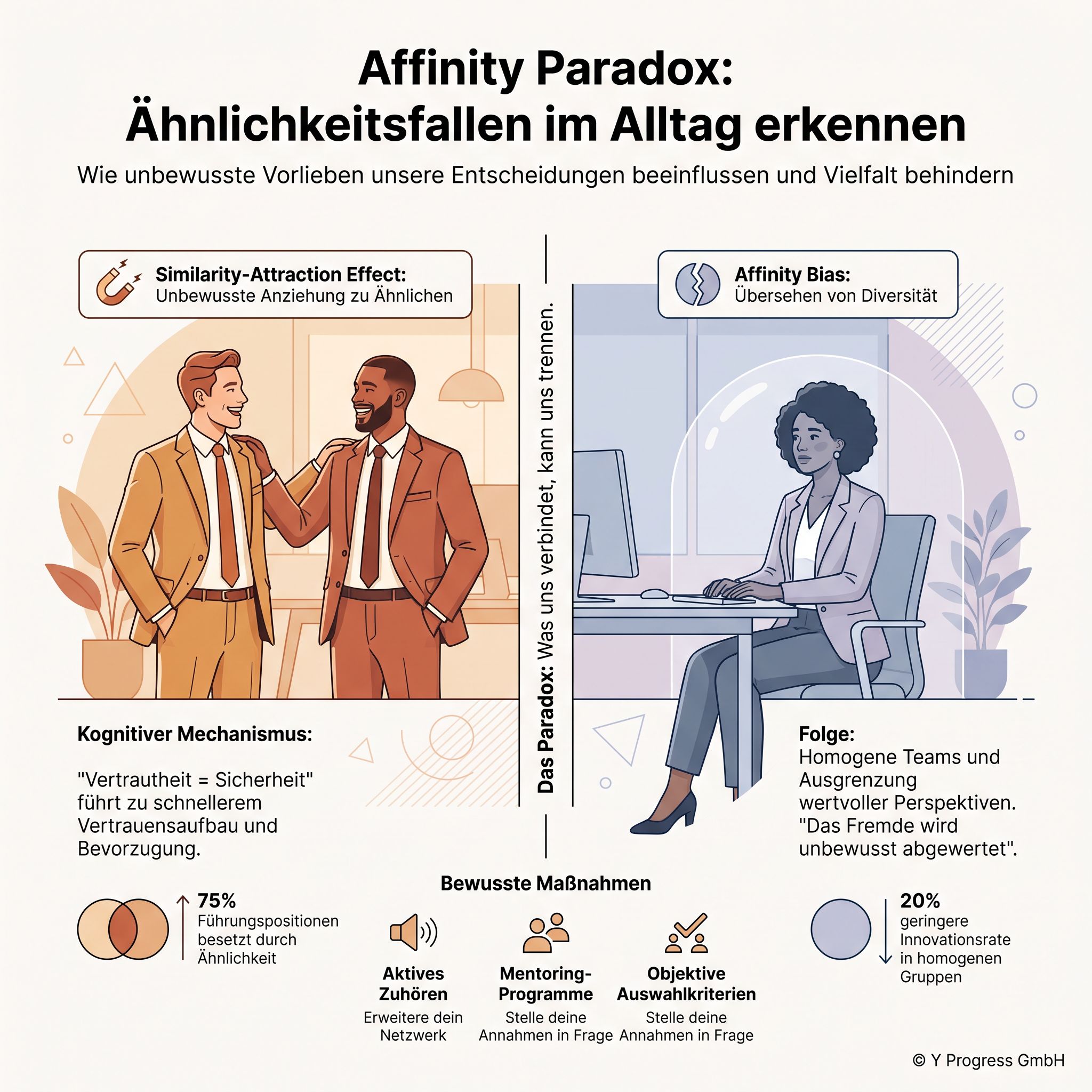 Affinity Paradox‑Infografik zeigt Ähnlichkeitsfallen im Alltag und erklärt Similarity‑Attraction sowie Affinity‑Bias