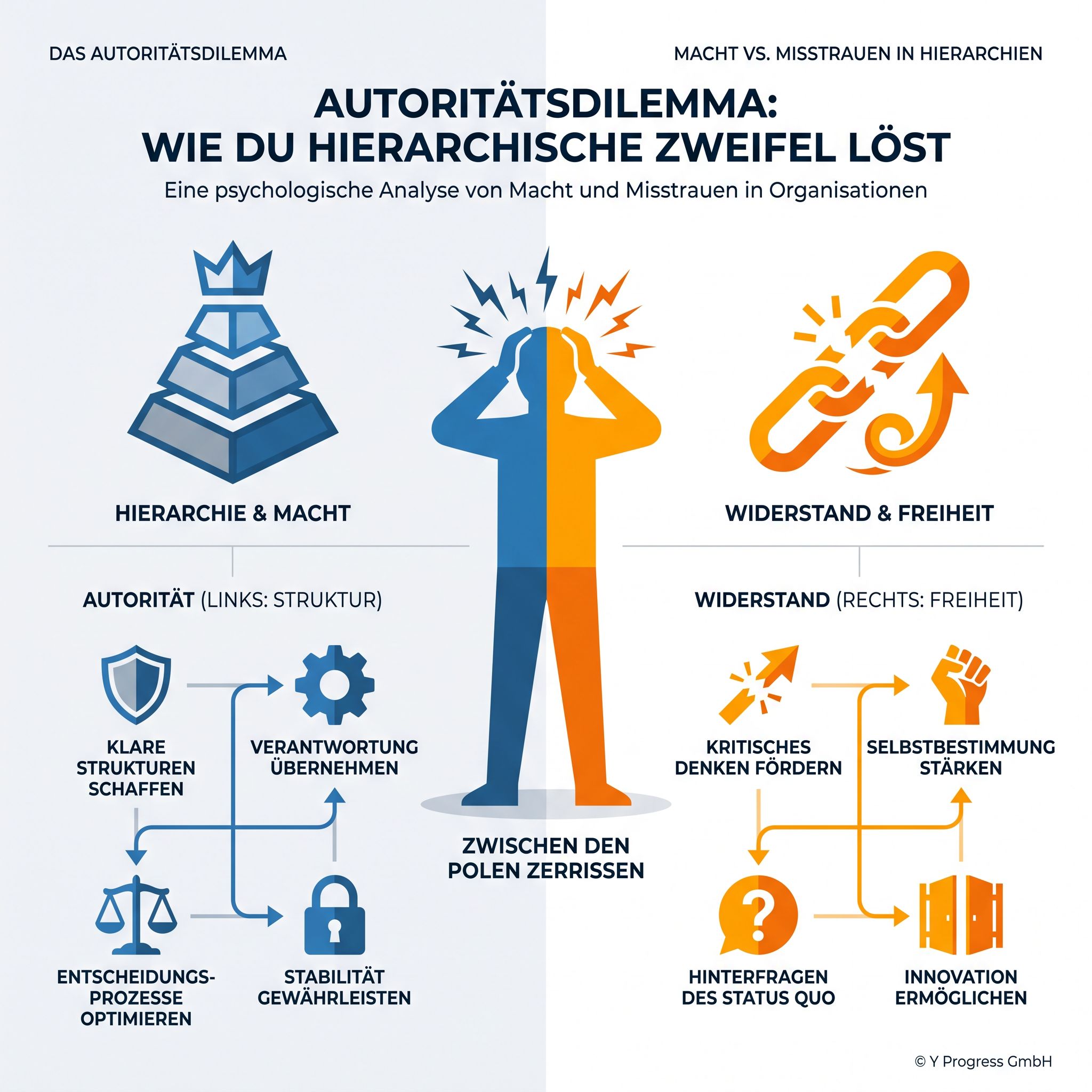 Infografik zum Autoritätsdilemma zeigt Wege, hierarchische Zweifel durch Balance von Macht und Freiheit zu lösen