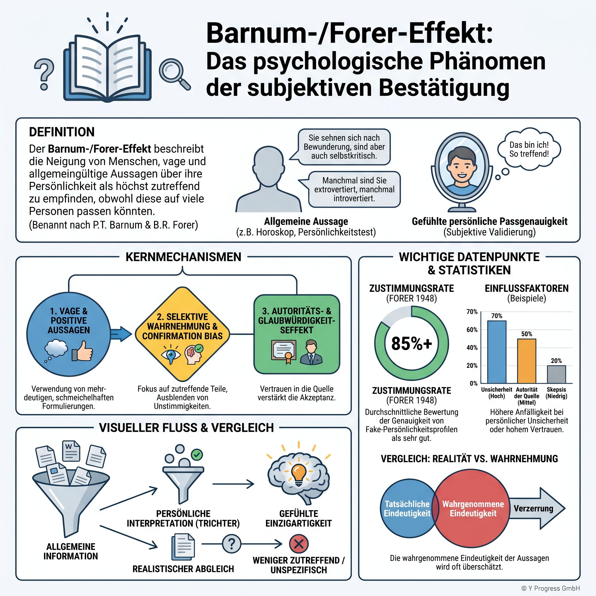 Infografik zum Barnum-/Forer‑Effekt erklärt das psychologische Phänomen subjektiver Bestätigung, Mechanismen und Tipps.