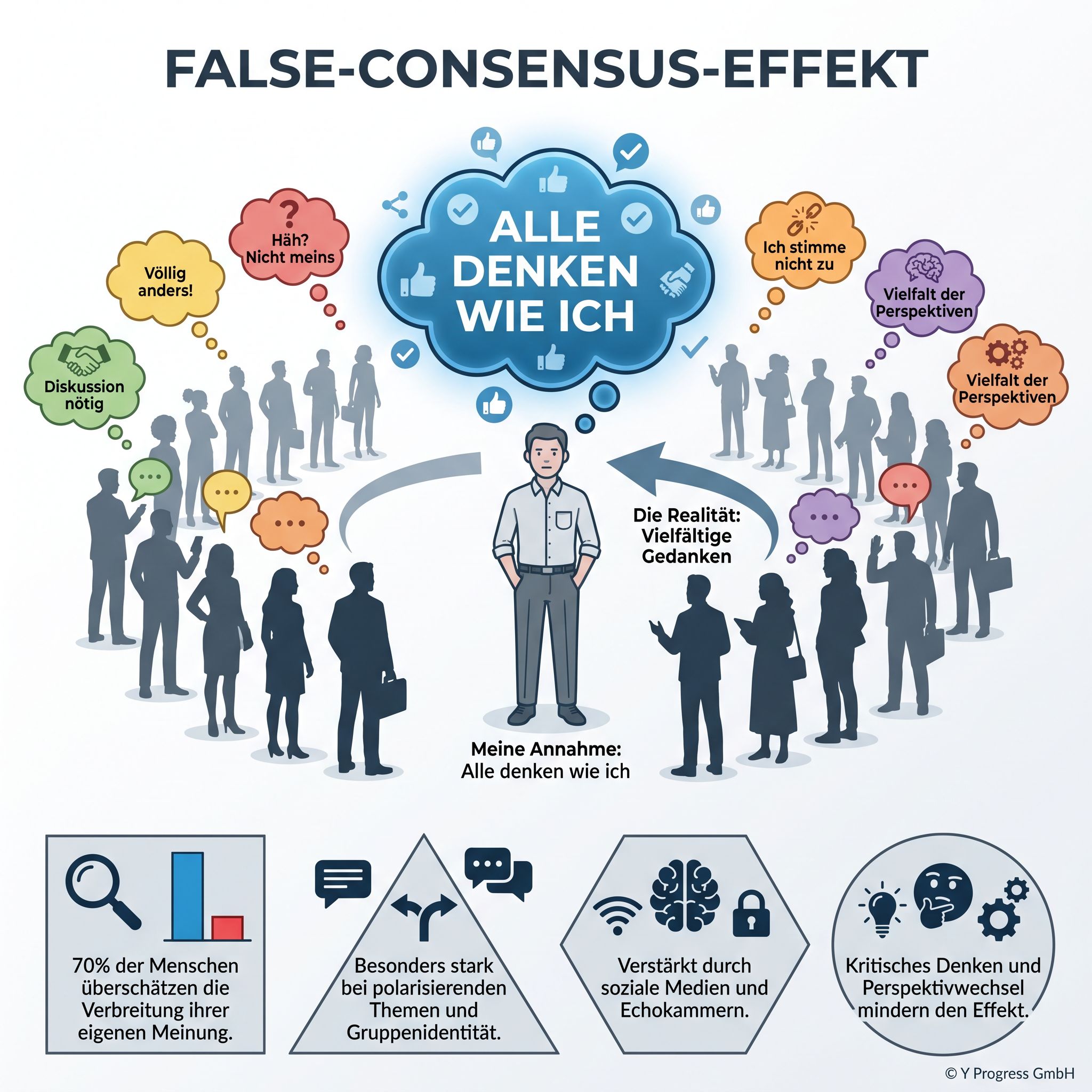 Infografik zum False‑Consensus‑Effekt: Person denkt „Alle denken wie ich“, umgeben von vielfältigen Meinungen.