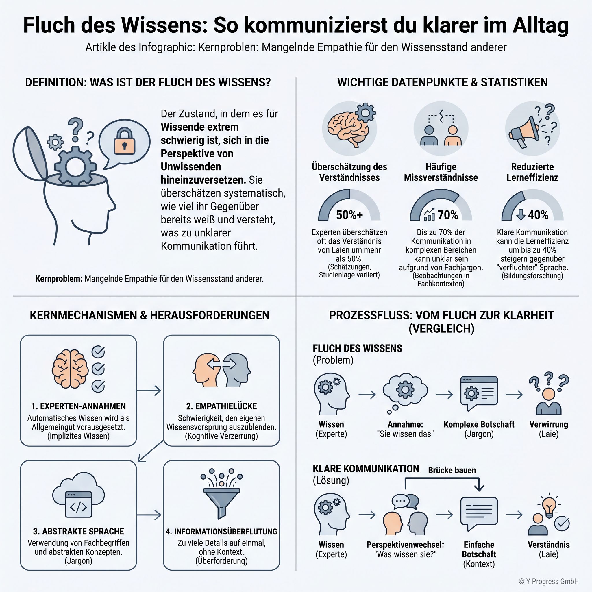Infografik ‘Fluch des Wissens’ zeigt Ursachen und Tipps für klarere Kommunikation im Alltag.