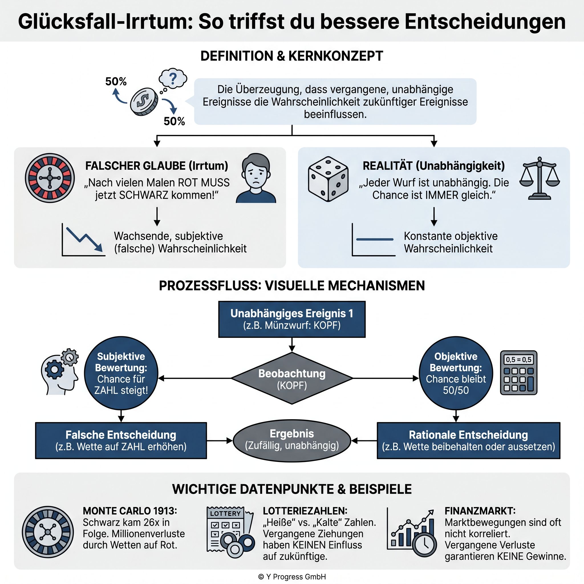 Infografik: Glücksfall-Irrtum erklärt falsche Wahrscheinlichkeitswahrnehmung und wie man bessere Entscheidungen trifft