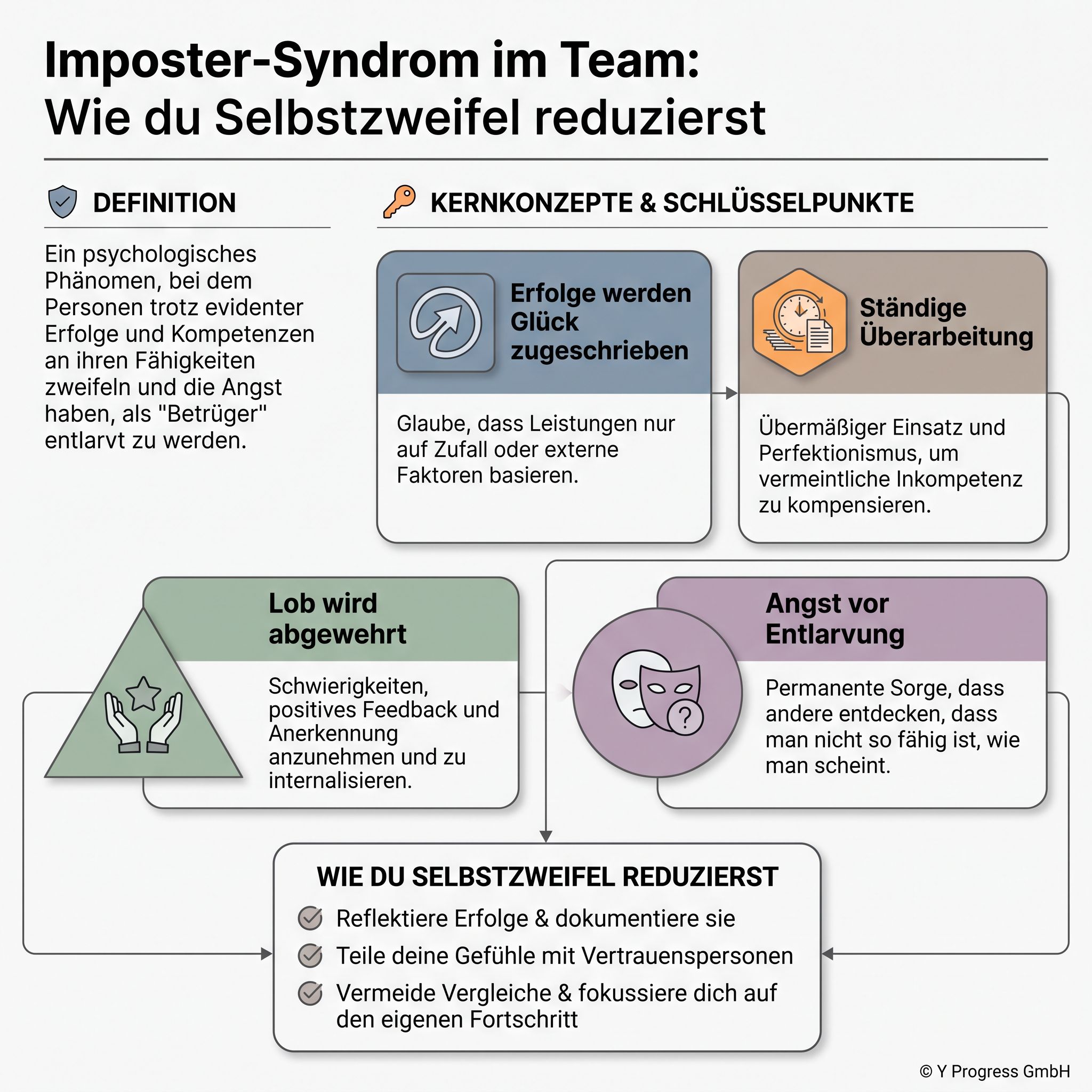 Infografik: Imposter‑Syndrom im Team mit Definition, Kernpunkten und konkreten Tipps, wie du Selbstzweifel reduzierst