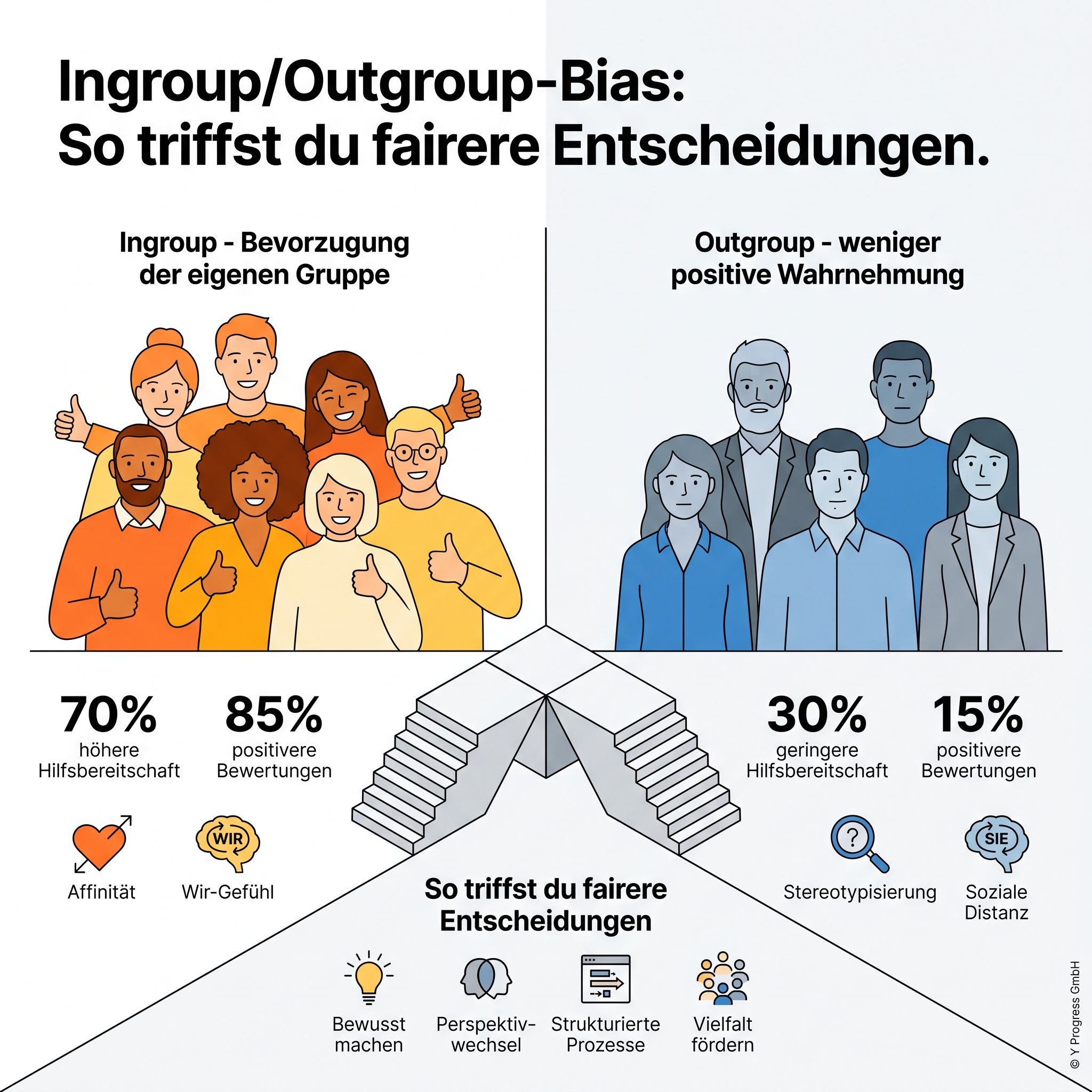Infografik: Ingroup/Outgroup-Bias — Bevorzugung der eigenen Gruppe versus geringere positive Wahrnehmung der Outgroup.