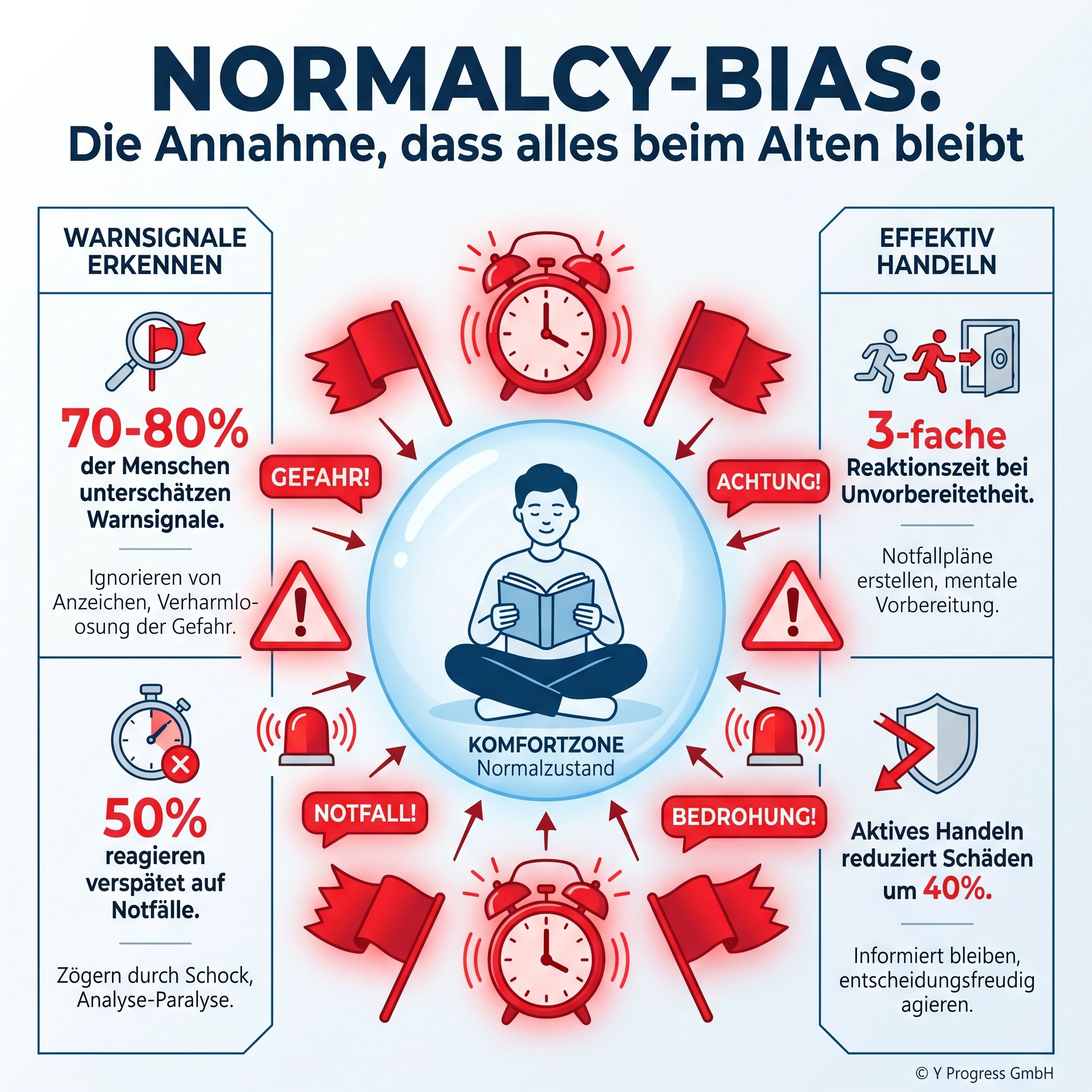 Infografik zu Normalcy-Bias: Warnsignale erkennen, Komfortzone durchbrechen und effektiv bei Notfällen handeln.