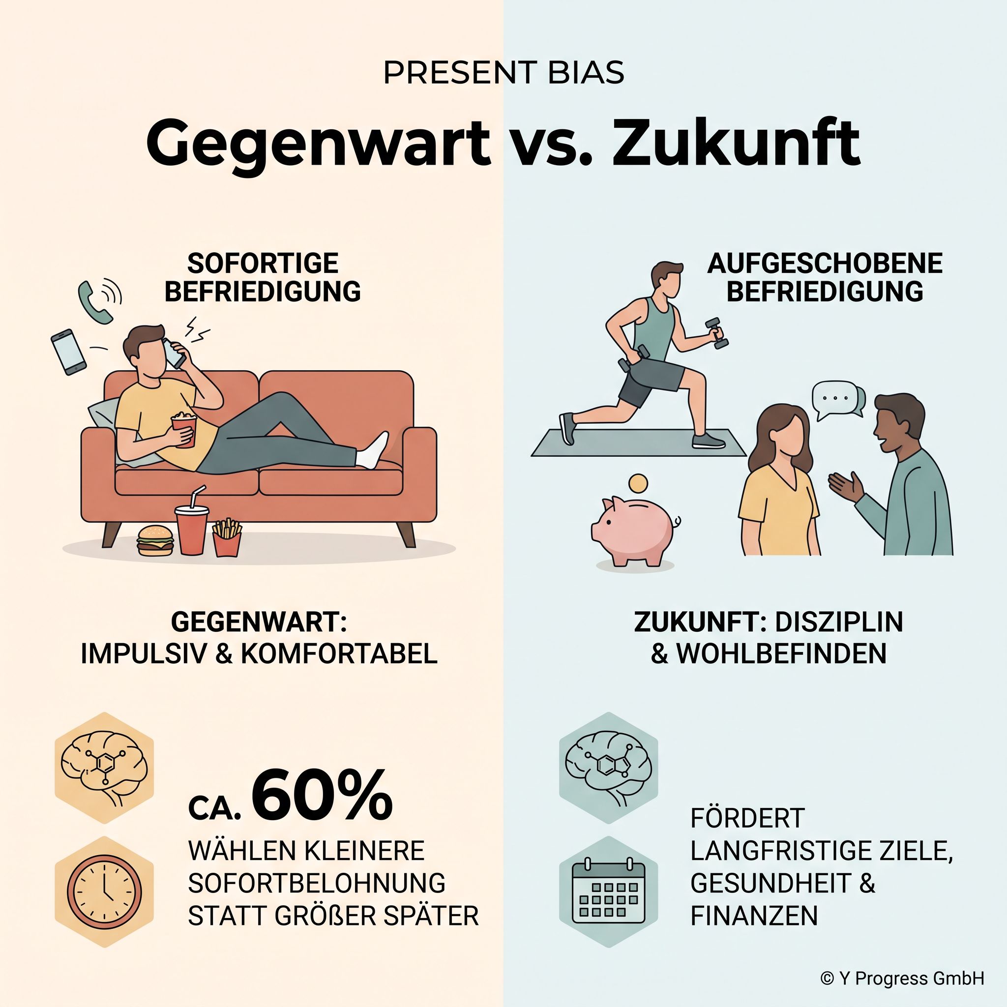Gegenwart vs. Zukunft: Illustration von Present Bias (Zeitpräferenz) – Sofa und Fast Food vs. Sport, Sparen und Disziplin