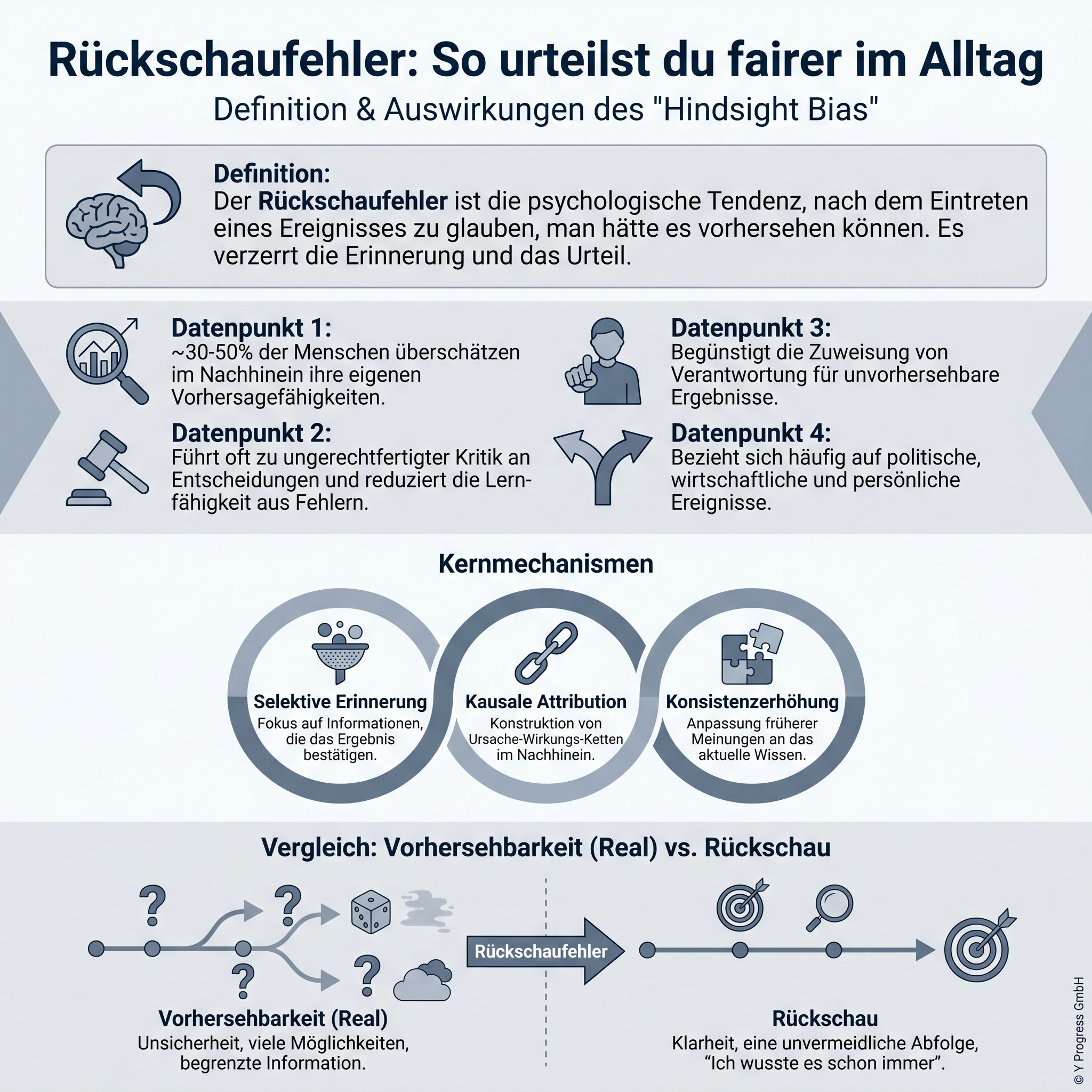 Erstelle eine professionelle Infografik über den Rückschaufehler (Hindsight Bias) für den Artikel
