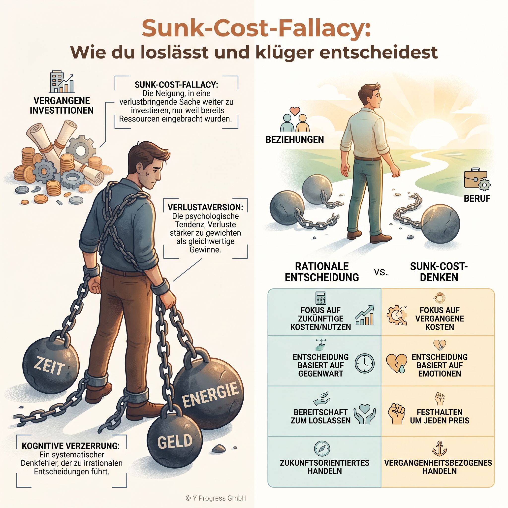 Mann befreit sich von Ketten und schweren Kugeln (Zeit, Energie, Geld) als Metapher für die Sunk-Cost-Fallacy