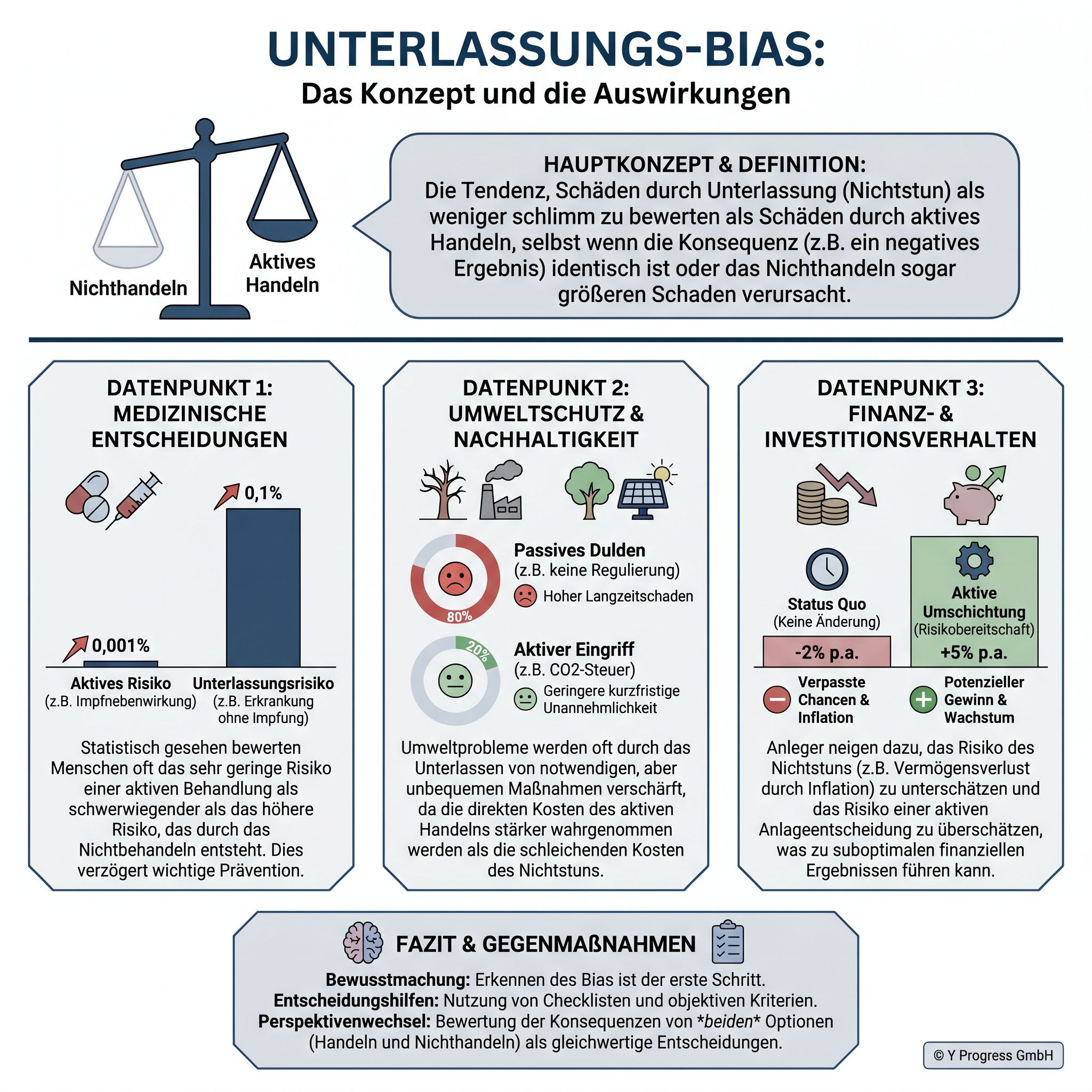 Infografik erklärt Unterlassungs‑Bias: Konzept, Beispiele aus Medizin, Umwelt und Finanzen sowie Gegenmaßnahmen.